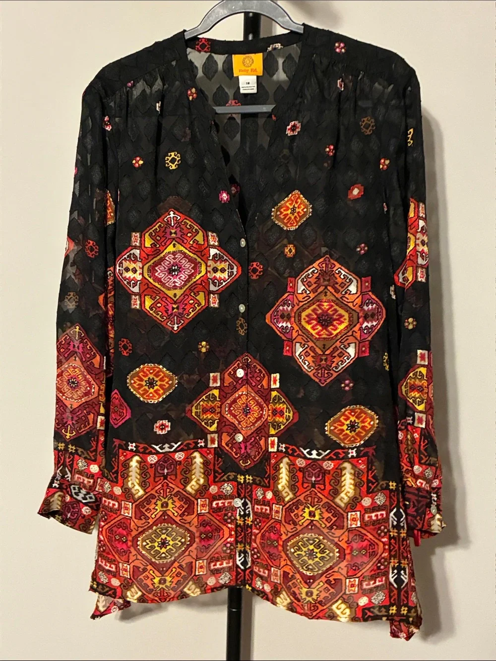 Ruby Rd. Sheer Black Tunic Top with Red, Pink & Gold Medallion Print Size 18